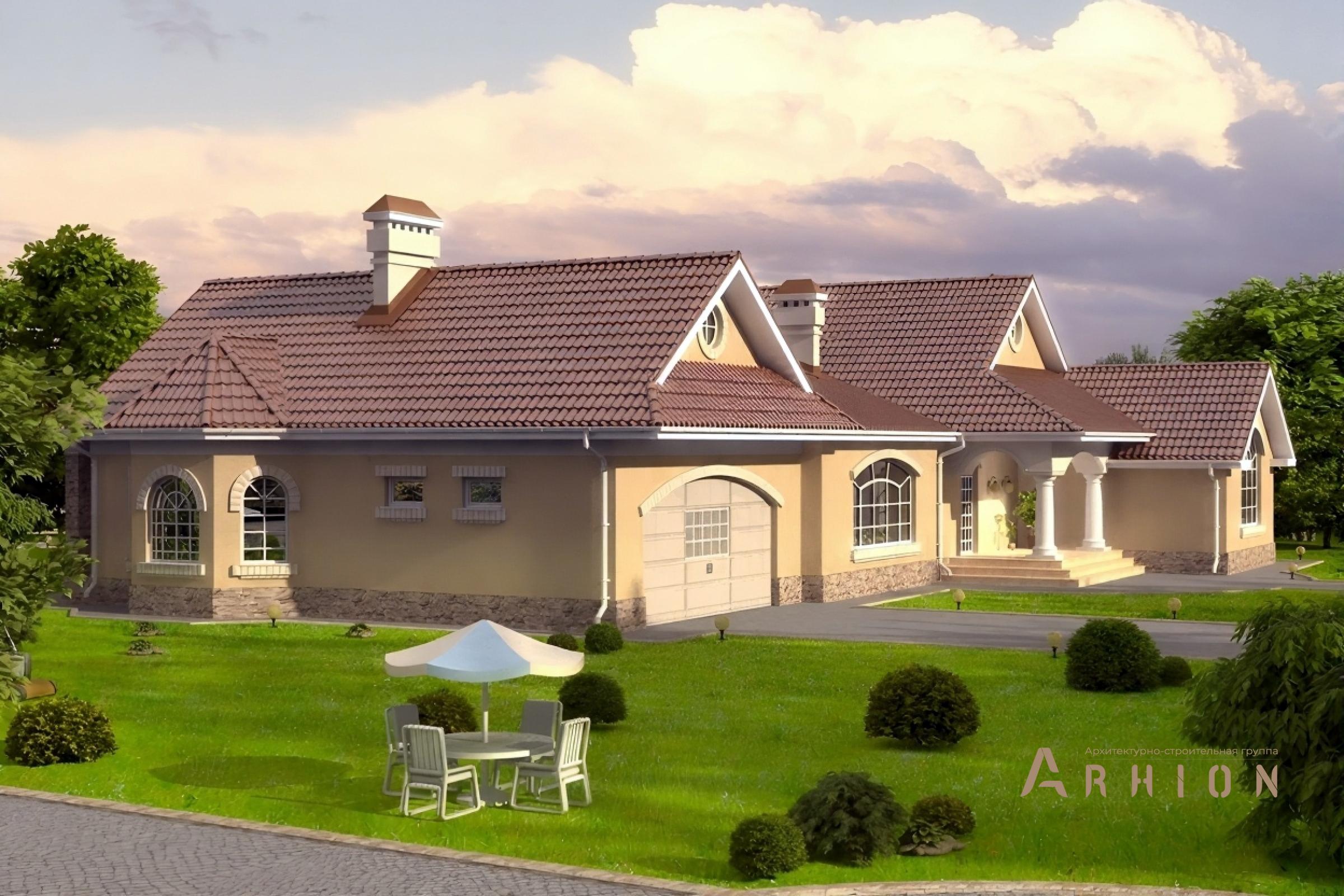 4. Проект одноэтажного дома в современном стиле с многоскатной кровлей, cp-49-95, площадью - 335 кв c гаражом